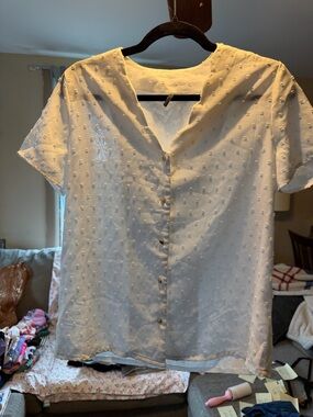 SHEIN Cream Swiss Dot Button-Front Blouse